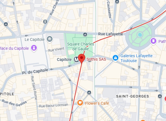 Plan Toulouse centre : Quartier Capitole et Sothis SAS Carte du centre de Toulouse avec métro Capitole, Square Charles de Gaulle et marqueur sur l'entreprise Sothis SAS.